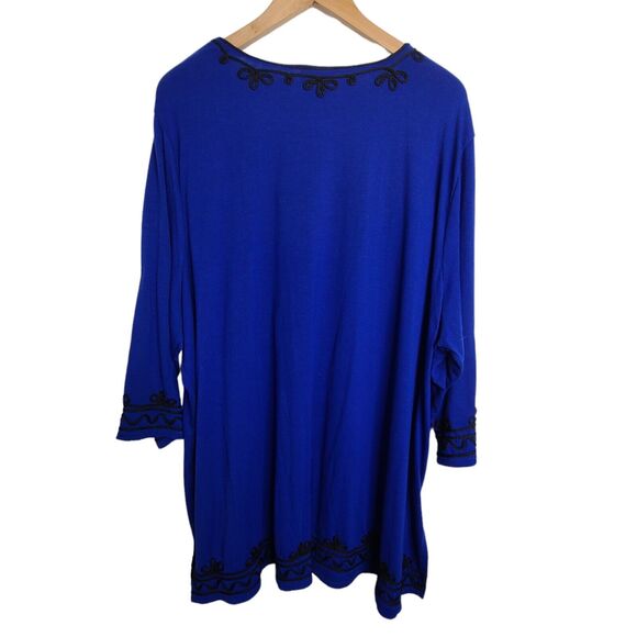 Catherine's Women’s Plus SZ 3X Blue Tunic Top Long Sleeve Black Embroidery - Picture 3 of 7